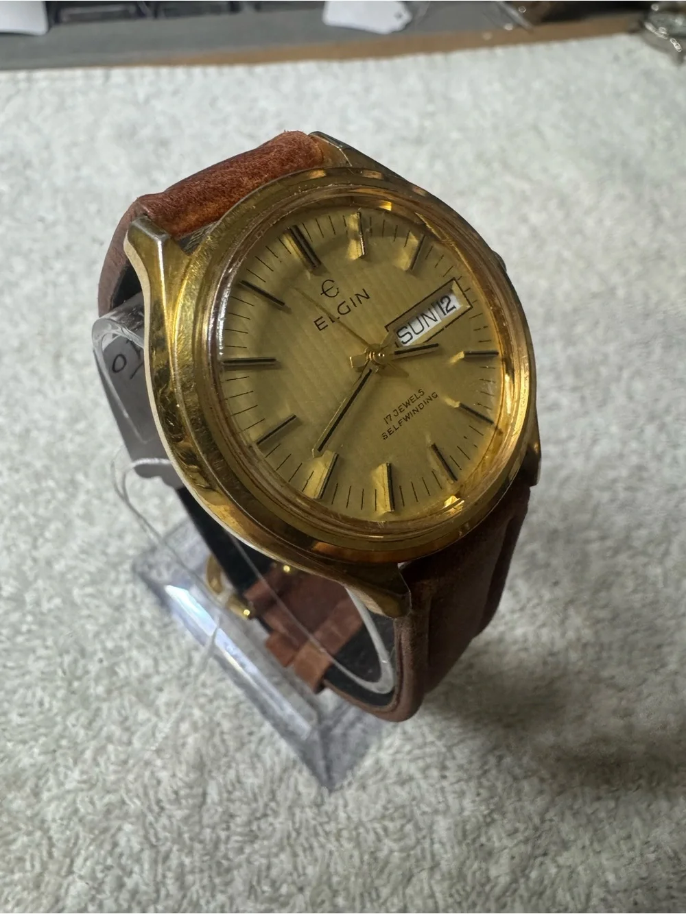 Elgin Gold-Tone Selfwinding Watch with Brown Leather Strap